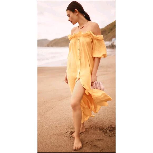 Anthropologie Dress S Yellow Maxi Beachy Ruffle Tiered Cottagecore Gauze - Picture 1 of 13